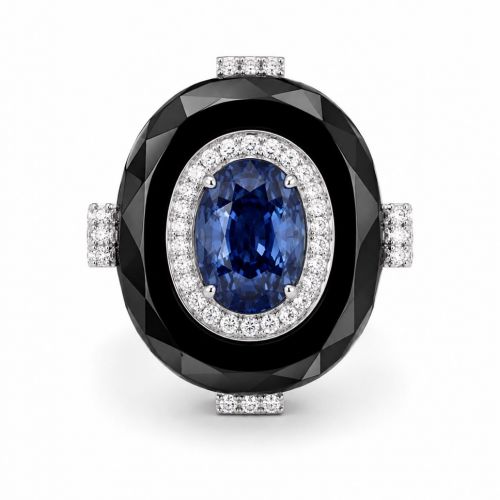 Natural Sapphire, Diamond and onyx Ring