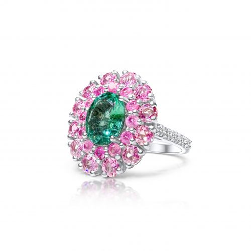 Ring " Flora" with natural emerald, pink sapphires and diamonds REF:175  ID:7500
