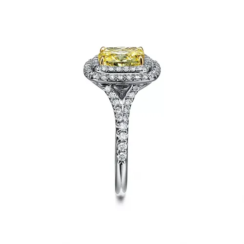 GIA Certified Cushion-cut Natural Yellow  Diamond Halo Engagement Ring  REF:360 ID:9400