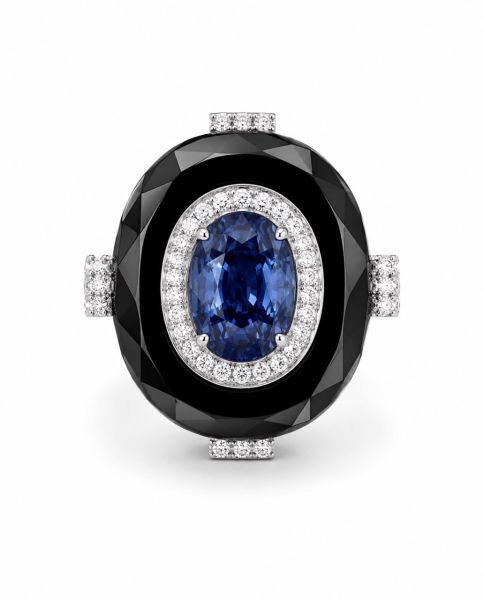 Natural Sapphire, Diamond and onyx Ring